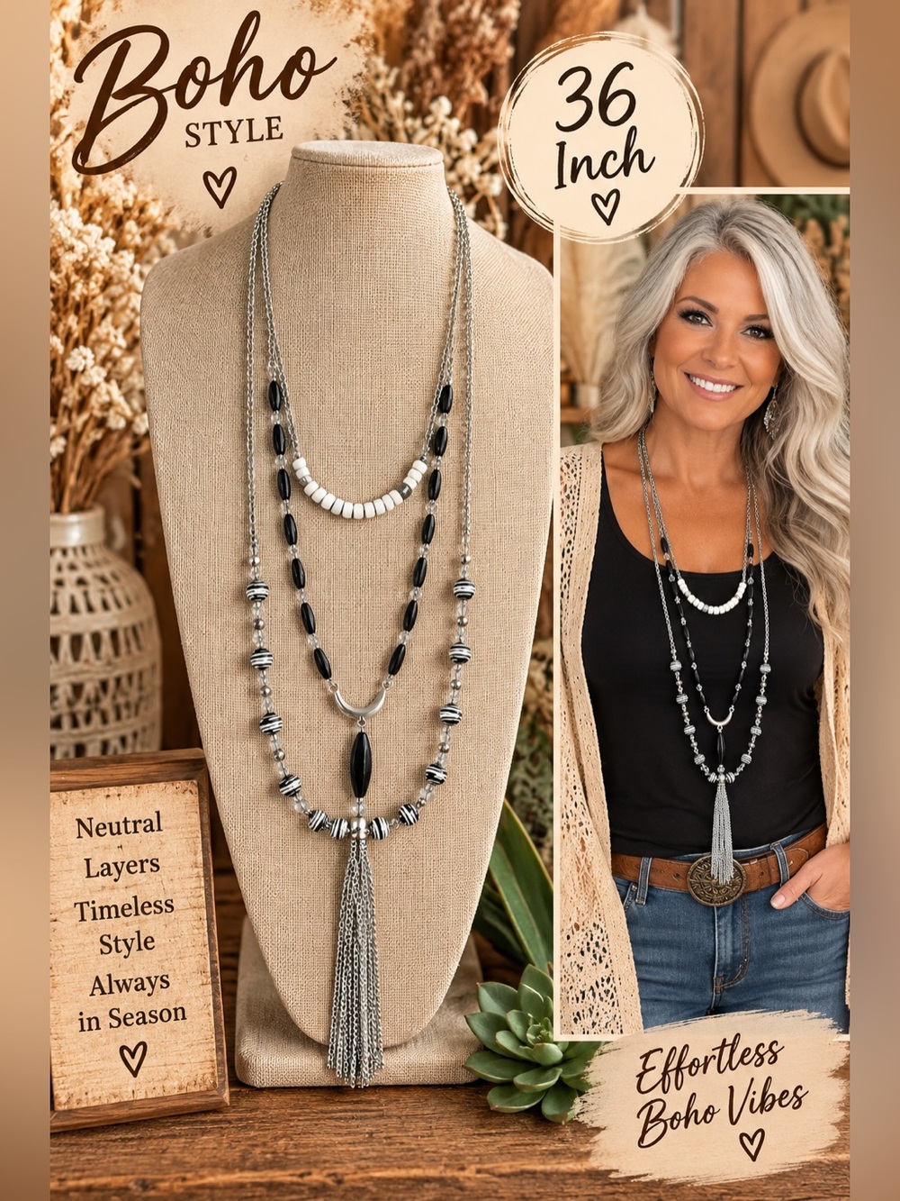 735 Boho Layered Tassel Necklace — Black & White 36"